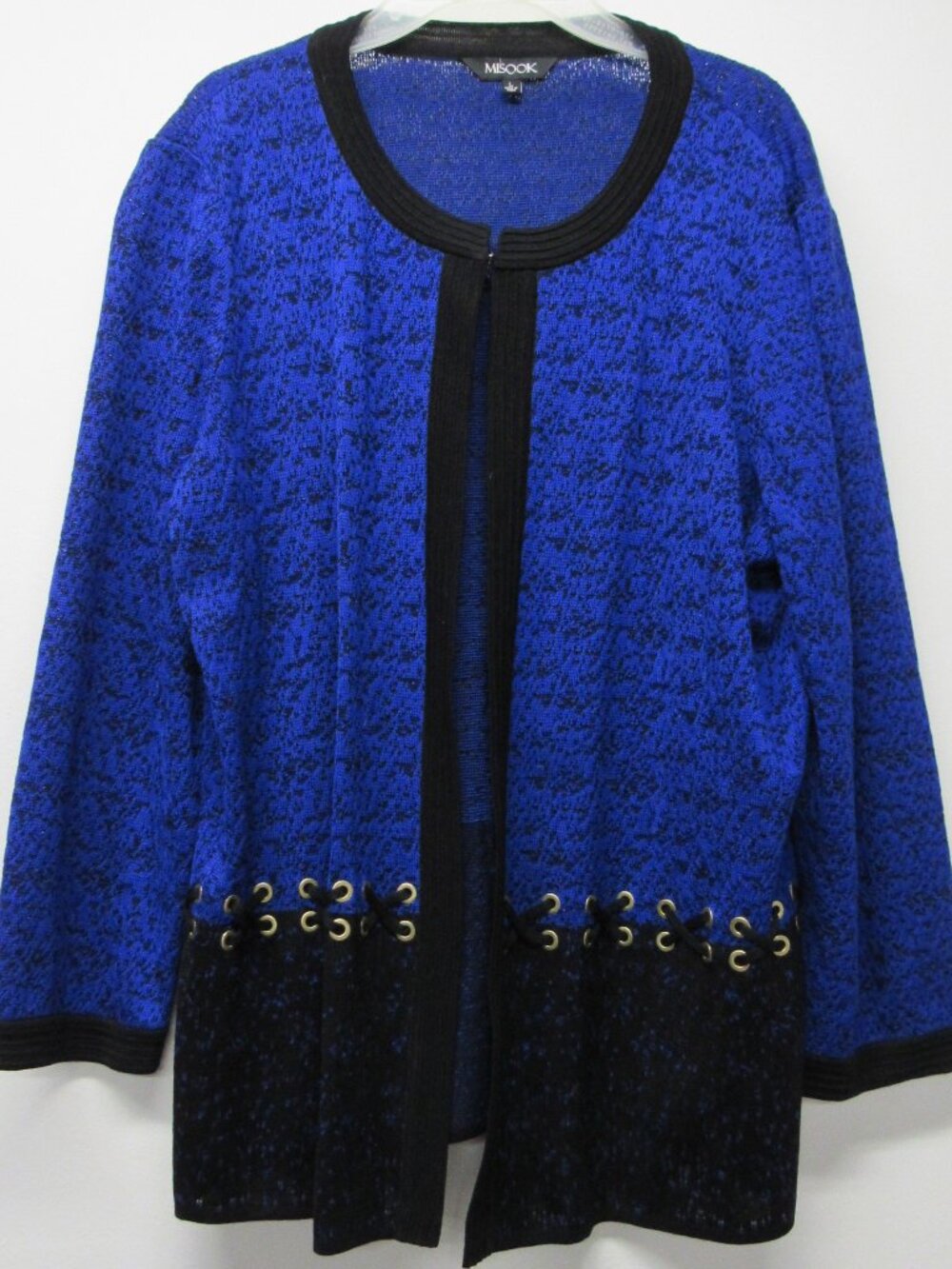 Misook Blue Black Knit Lace Up Grommet Cardigan Jacket Blazer sz L Classic